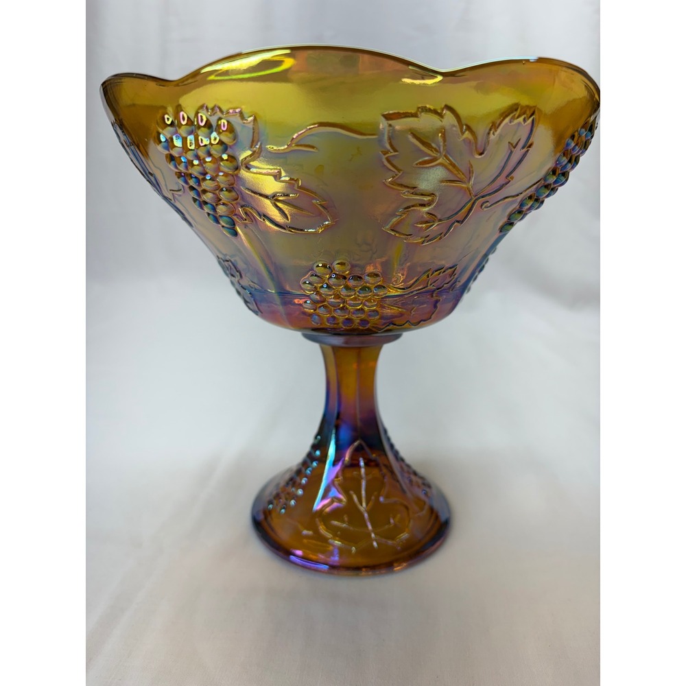 Vtg Marigold Carnival Glass Pedestal Bowl Iridescent Harvest Grape Compote 8.5"